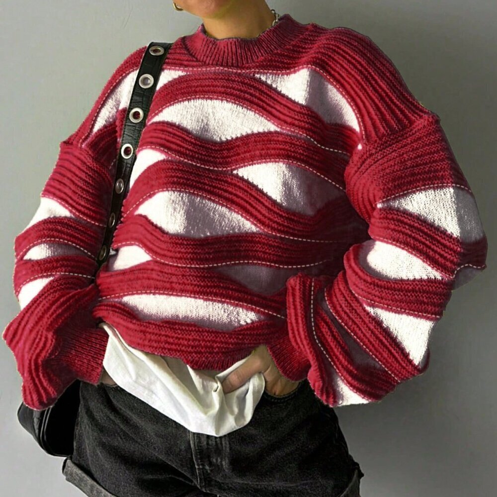 Red Casual Women's Round Neck Wavy Striped Color Block Long Sleeved Knit Sweater - Picture 2 of 4